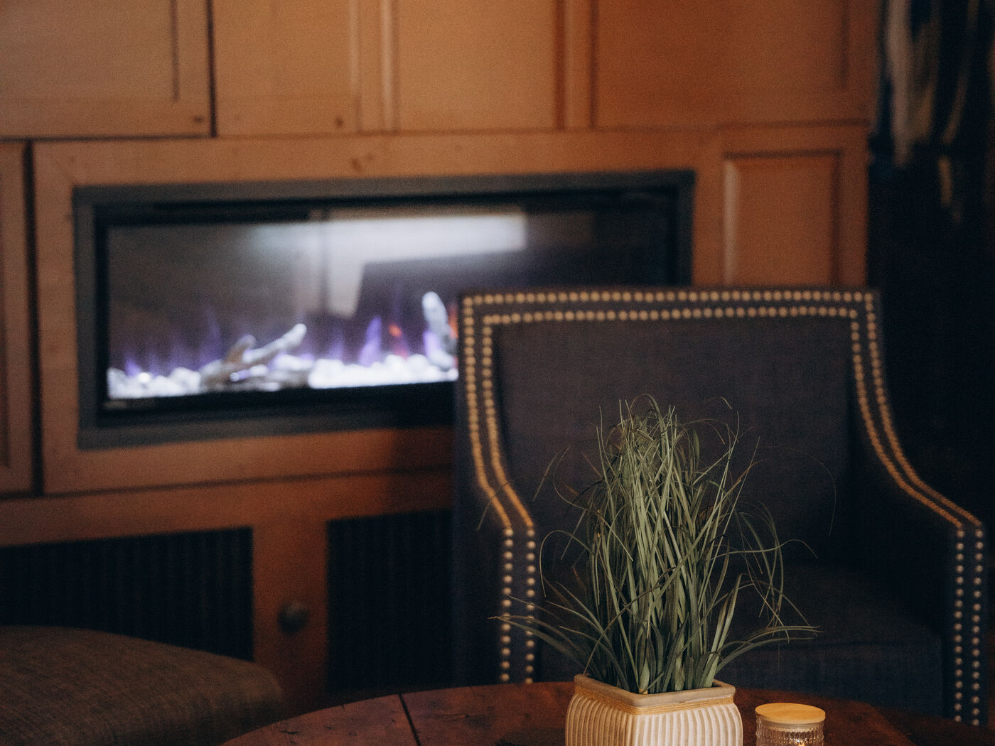 The lounge area by the fireplace